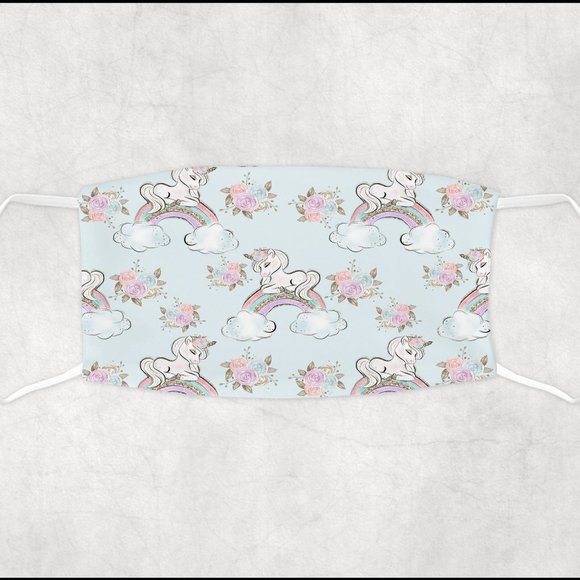 Girls Blue Gold Sparkly Unicorn Rainbow Handmade Soft Face Mask - Picture 1 of 1